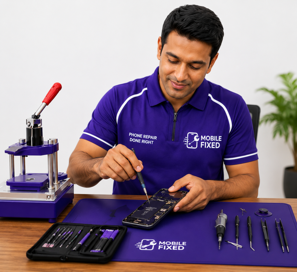 Mobile Fixed certified technician repairing smartphone display at customer doorstep